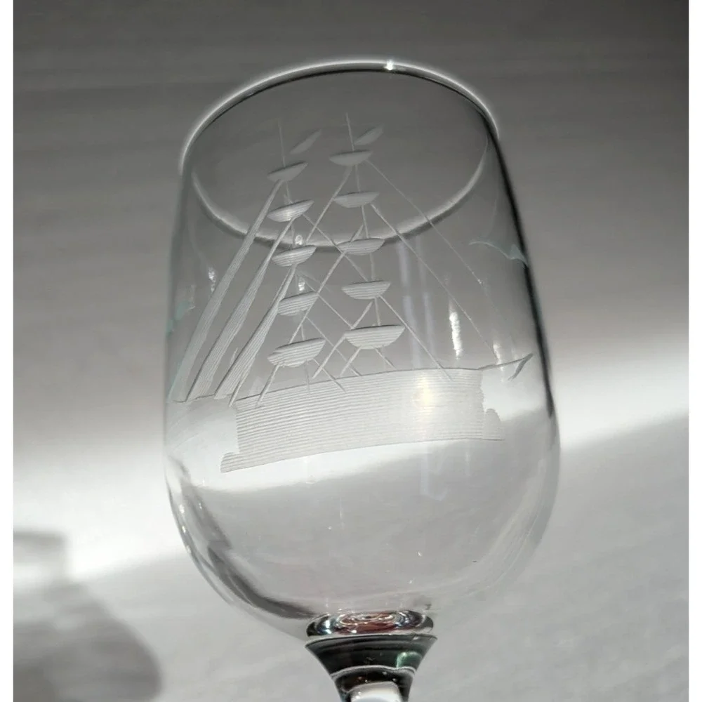 PAIR JAVIT Clipper Collection Etched Glass Sail Ship‎ Wine Glass 10 oz VTG 6.5